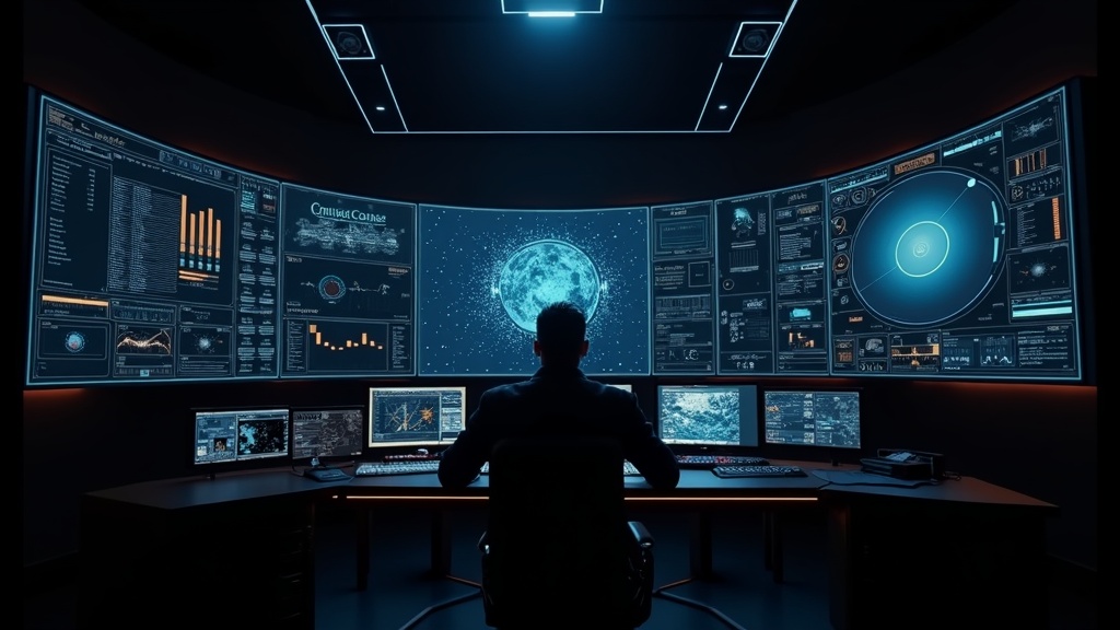 Dunkler Kontrollraum mit leuchtenden Benutzeroberflächen als Sinnbild der KI-Technologiebasis