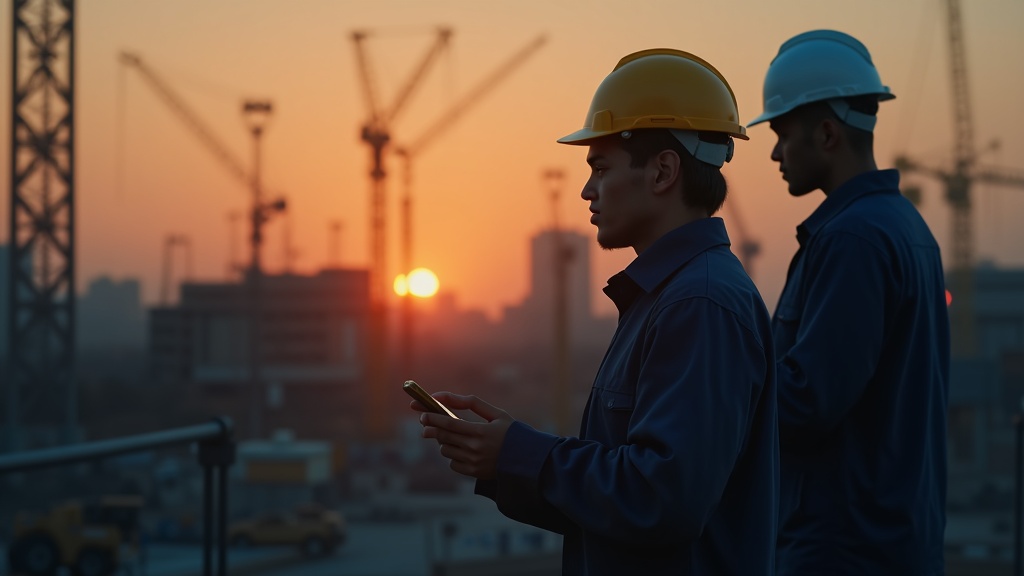 Ingenieur auf der Baustelle spricht eine Sprachnotiz in sein Smartphone